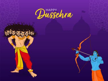 Happy Dussehra Celebration Concept With Lord Rama Taking Aim Towards Demon Ravana On Purple Silhouette Temple Background.