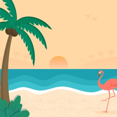 Beautiful Beach View Background With Coconut Tree, Flamingo Bird And Sunrise Or Sunset.