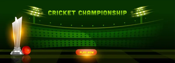 Cricket Championship Banner Header Design Silver Winner Trophy Red Ball — Wektor stockowy