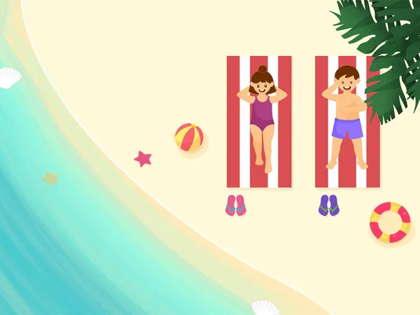 Top View Swimmer Παιδιά Χαλαρώνοντας Στον Ήλιο Bed Beach View — Διανυσματικό Αρχείο