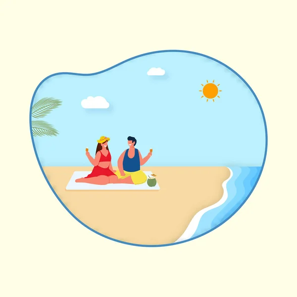 Swimmer Man Woman Enjoying Beach Side Beige Background — Wektor stockowy