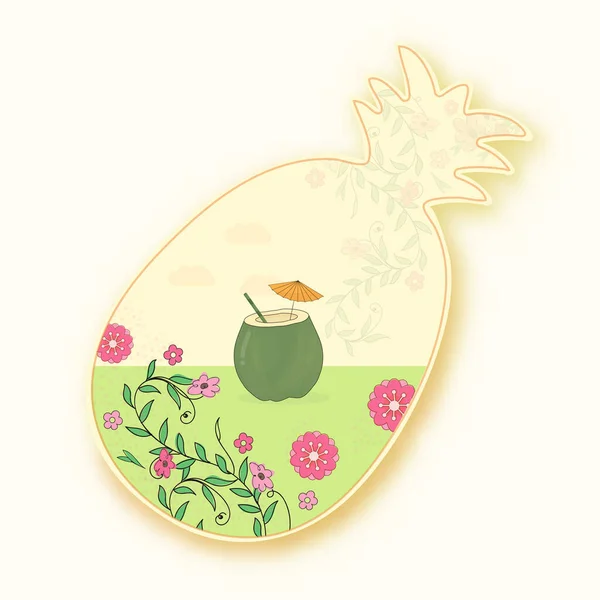 Summertime Pineapple Concept Coconut Drink Floral View Sticker Style White — Stockový vektor