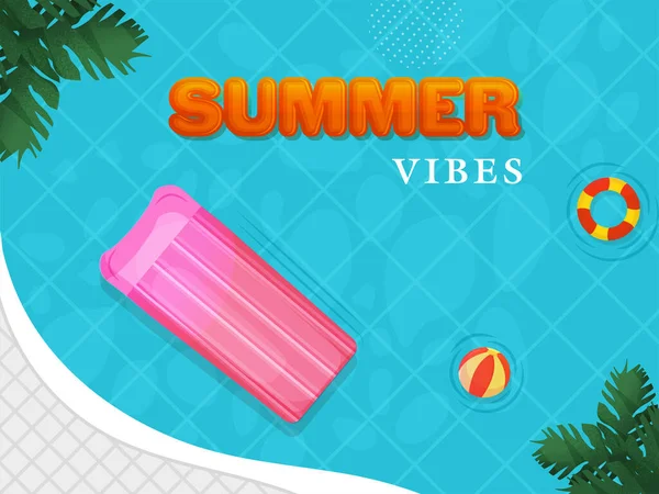 Summer Vibes Poster Design Top View Floating Bed Beach Ball — Wektor stockowy