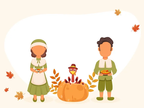 Faceless Pilgrim Couple Character Holding Pie Cake Turkey Bird Pumpkin — Stockový vektor