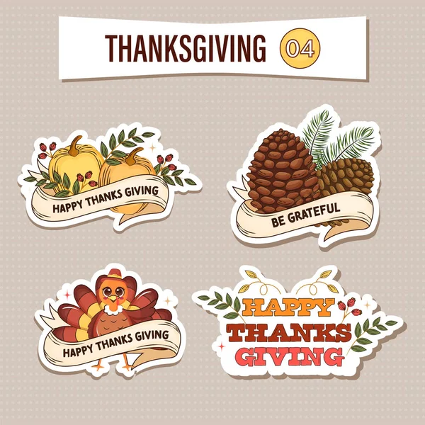 Happy Thanksgiving Sticker Label Set Pumpkins Acrons Turkey Bird Colorful — Vetor de Stock
