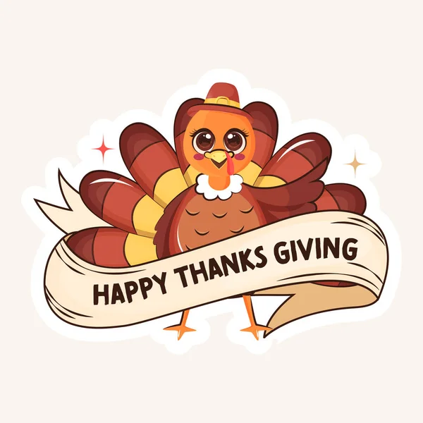 Happy Thanksgiving Sticker Label Smiling Turkey Bird Ribbon — Stockvektor