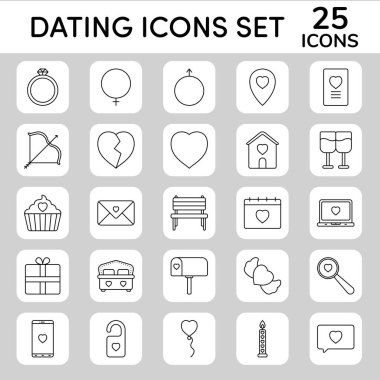 Black Line Art Set Of Dating Icons In Flat Style.