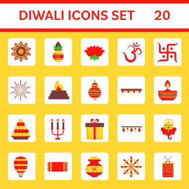 Illustration Of Diwali-20 Icons Set On Yellow Background.
