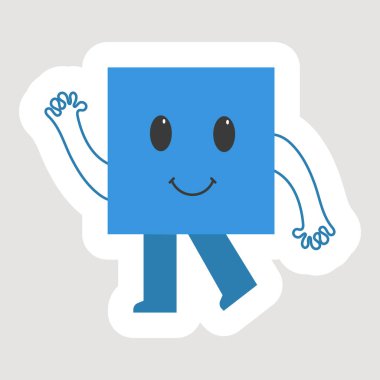 Blue Sticker Of Flying Square Cartoon Over Grey Background.
