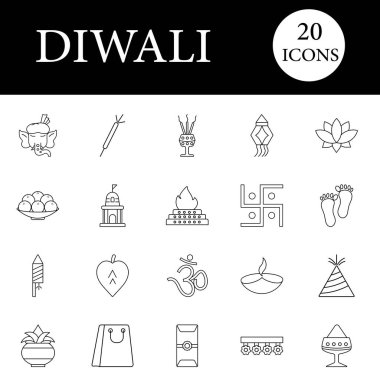 Isolated Diwali -20 Icons Line Art Set On White Background.