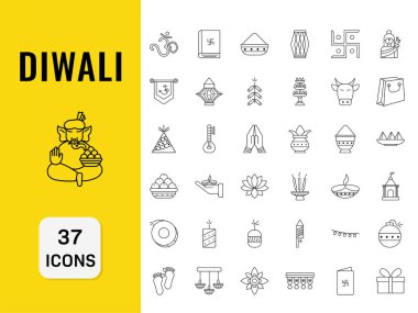 Illustration Of Lineal Diwali Icons -37 Set On Yellow And White Background.
