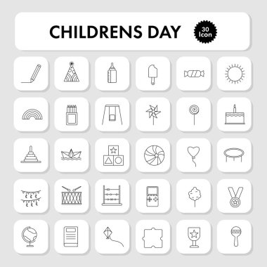 Black Thin Linear Of 30 Children Day Square Icon Set.