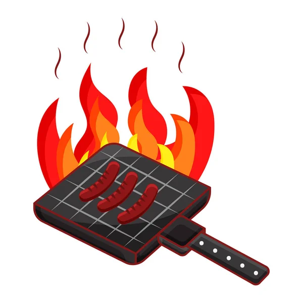 Sausage Roasted Flaming Bbq Grill White Background — Stock Vector