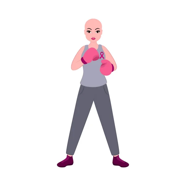 Bald Female Boxer Character Standing Pink Cross Ribbon White Background — Vetor de Stock
