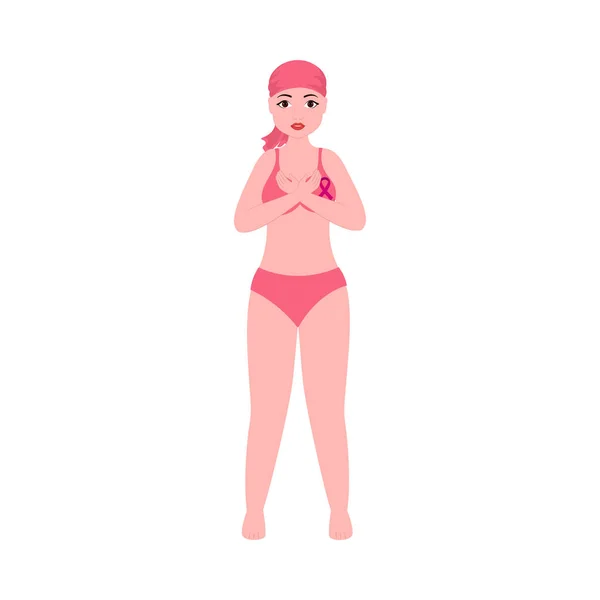 Bald Young Girl Wearing Bikini Pink Cross Ribbon White Background - Stok Vektor