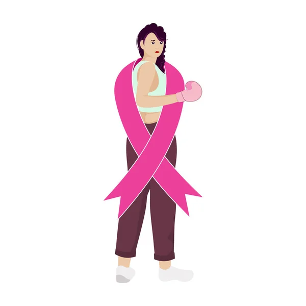 Young Female Boxer Wearing Pink Cross Ribbon White Background — Wektor stockowy