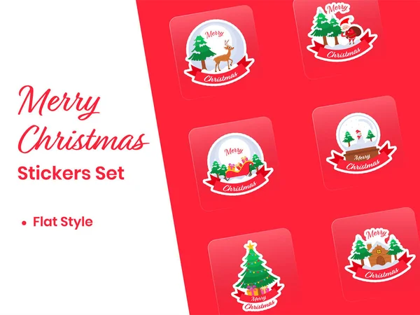 Sticker Style Merry Christmas Element Set Red White Background — Stockvector