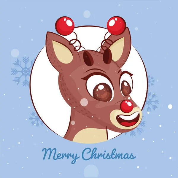 Merry Christmas Greeting Card Cartoon Reindeer Face White Blue Snowflakes — Stok Vektör