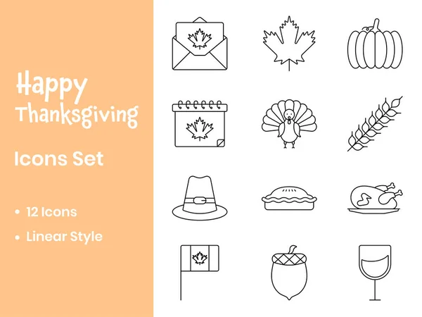 Thanksgiving Icons Set Black Linear Style White Background — Stock Vector