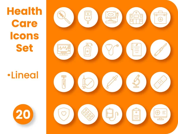Orange Linear Healthcare Icon Set White Orange Circle Background — Stok Vektör