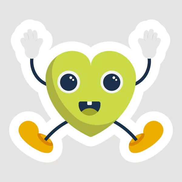 Sticker Cute Jumping Heart Cartoon Green Yellow Color — Stockvector