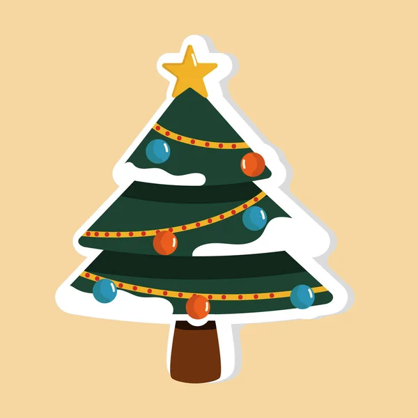 Sticker Style Merry Christmas Tree Snow Bauble Decoration Flat Style — Stockový vektor