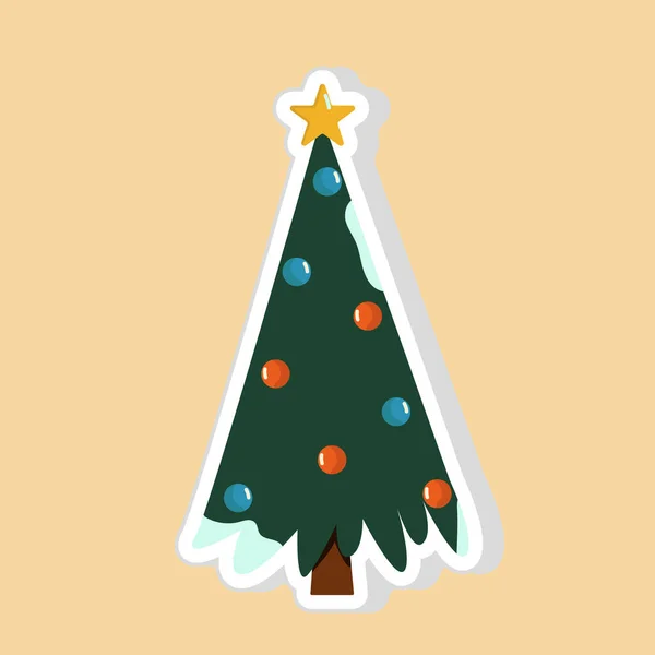 Μεμονωμένο Διακοσμημένο Χριστουγεννιάτικο Δέντρο Αυτοκόλλητο Εικονίδιο Επίπεδη Στυλ — Διανυσματικό Αρχείο