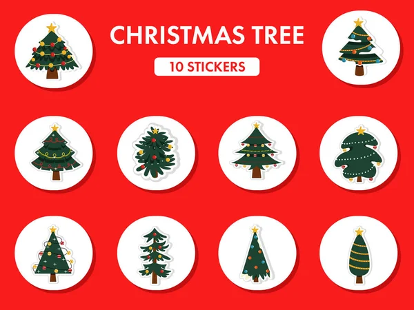 Illustration Decorated Christmas Tree Set Stickers Red Background — Stockvector