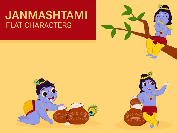 Cute Little Krishna Flat Characters Set Yellow Background Happy Janmashtami — Stok Vektör