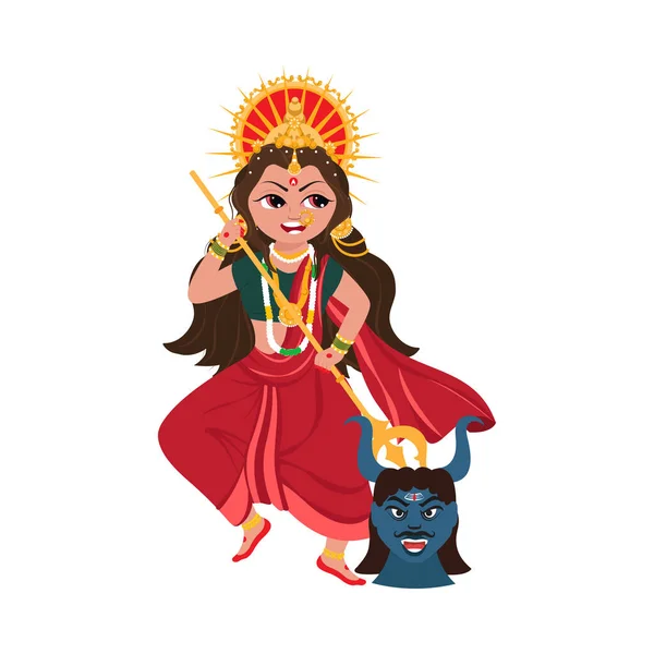 Hindu Mythology Goddess Durga Killing Mahishasura Demon White Background — 스톡 벡터