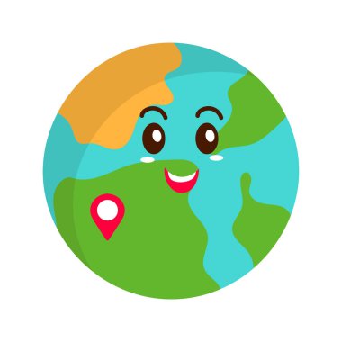 Cheerful Earth Globe Cartoon With Map Pin Over White Background.