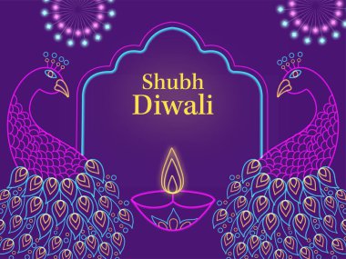 Shubh (Happy) Diwali Font With Linear Style Two Peacock, Lit Oil Lamp (Diya) And Fireworks Star On Purple Background.