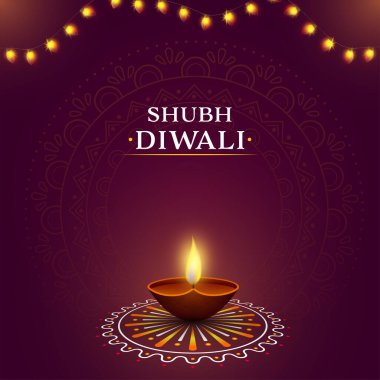 Shubh (Happy) Diwali Celebration Poster Design With Lit Realistic Oil Lamp (Diya) Over Rangoli And Lighting Garland On Purple Background.