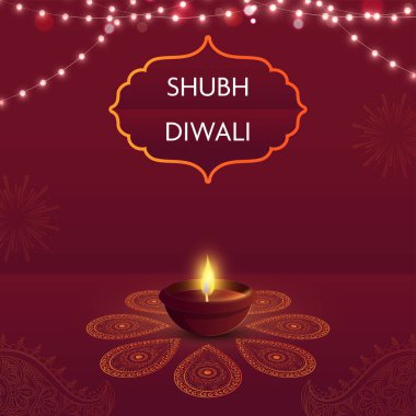 Shubh (Happy) Diwali Font In Vintage Frame With Illuminated Oil Lamp (Diya) And Lighting Garland On Red Paisley Pattern Background.