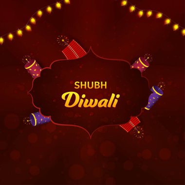 Golden Shubh (Happy) Diwali Font Over Vintage Frame With Firecracker And Lighting Garland Decorated On Dark Red Bokeh Blur Background.