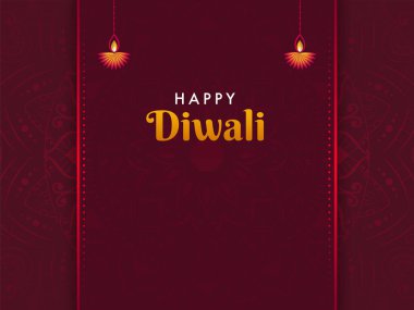 Happy Diwali Lettering With Lit Oil Lamps (Diya) Hang On Red Exquisite Mandala Pattern Background.