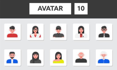 Sticker Style People Avatar Illustration On Gray And Black Background.