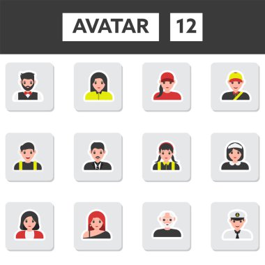Sticker Style People Avatar Illustration On White And Black Background.