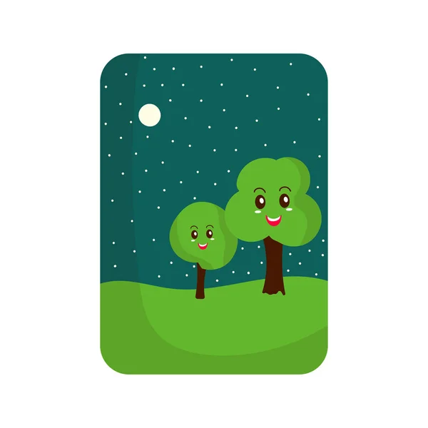 Happy Tree Cartoon Full Moon Stars Landscape Green Background — Stockvector