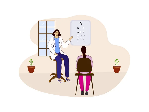 Vector Illustration Female Doctor Examining Eye Test Patient Beige White — Archivo Imágenes Vectoriales