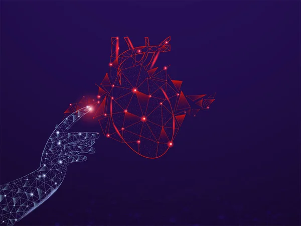 Polygonal Human Hand Touching Heart Organ Purple Background — 图库矢量图片