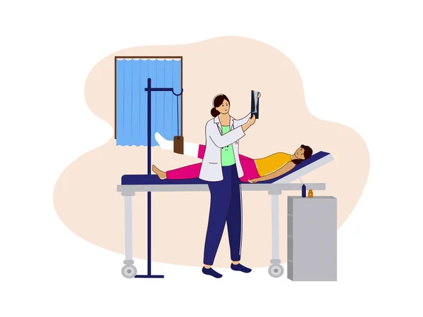 Vector Illustration Female Doctor Looking Bone Ray Report Patient Lying — Wektor stockowy