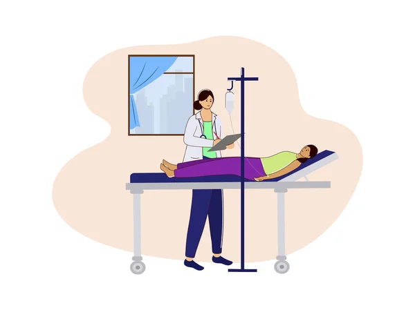 Vector Illustration Female Doctor Written Prescription Patient Lying Bed Hospital — Vettoriale Stock