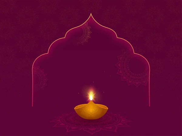 Lit Golden Oil Lamp Diya Dark Pink Mandala Pattern Background — Stock vektor