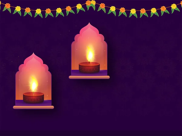 Illuminated Tealight Candles Decorated Corner Window Floral Garland Toran Purple — Stockvector