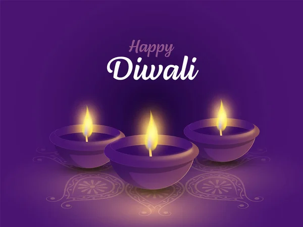 Happy Diwali Celebration Concept Illuminated Realistic Oil Lamps Diya Purple — Stockvector