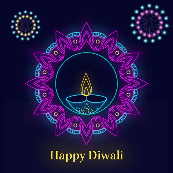 Happy Diwali Celebration Concept Neon Style Mandala Frame Lit Oil — Stockvektor