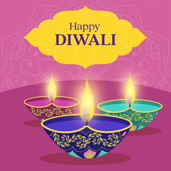 Happy Diwali Celebration Poster Design Lit Oil Lamps Diya Yellow — Vetor de Stock