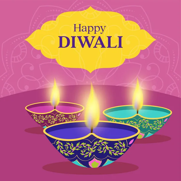Happy Diwali Celebration Poster Design With Lit Oil Lamps (Diya) On Yellow And Pink Mandala Pattern Background.