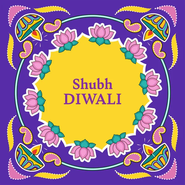 Shubh Happy Diwali Greeting Card Sticker Style Lotus Flowers Lit — Stock Vector